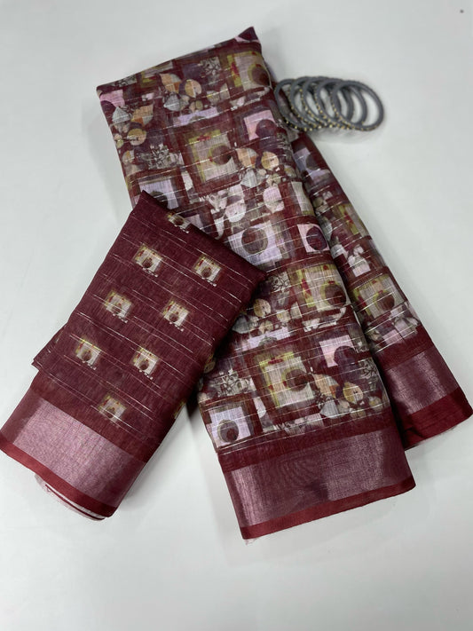 Arunari Cotton Linen Saree in aubergine border & gainsboro jari line