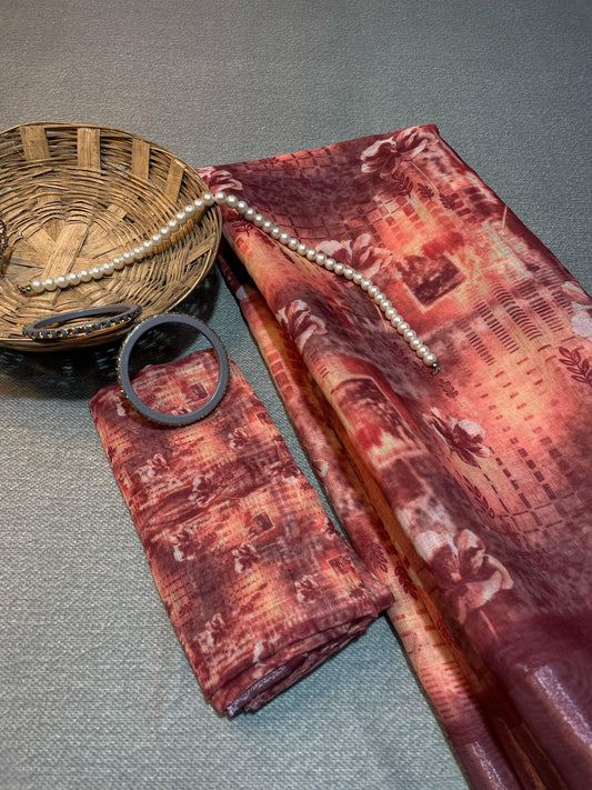 Arunari Cotton Linen Saree - wine & Rose Vale