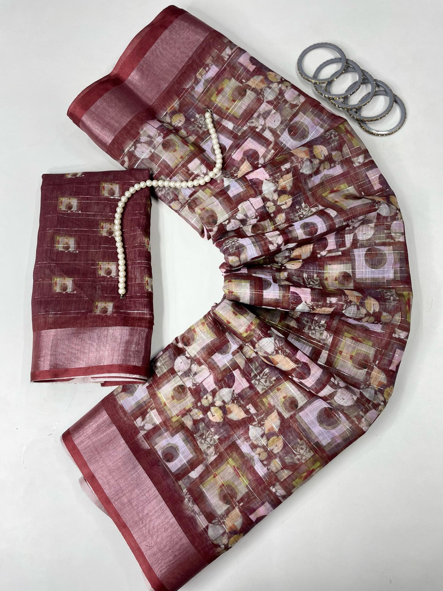 Arunari Cotton Linen Saree in aubergine border & gainsboro jari line