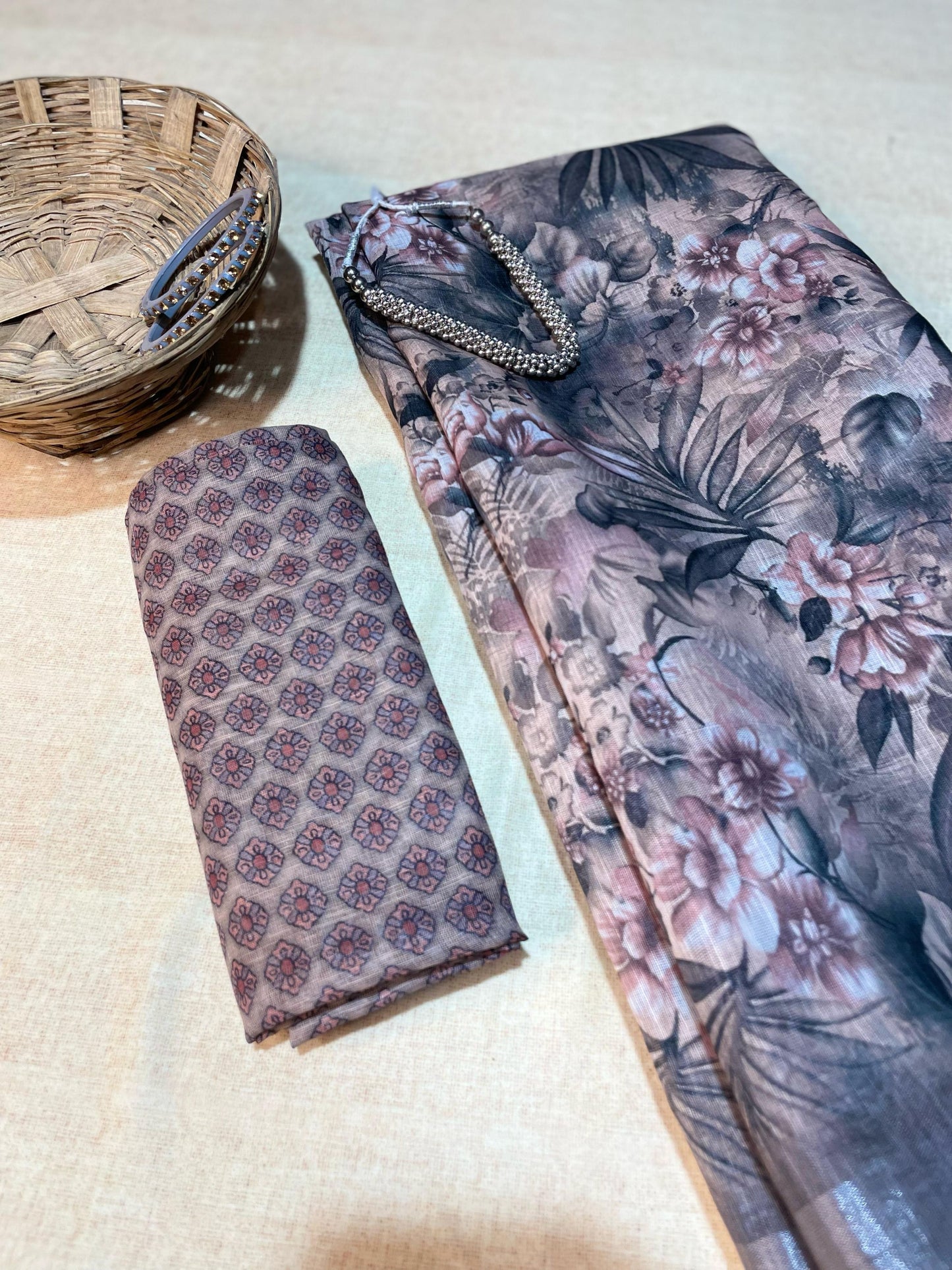 Arunari Cotton Linen Saree -- santas gray & pink flare