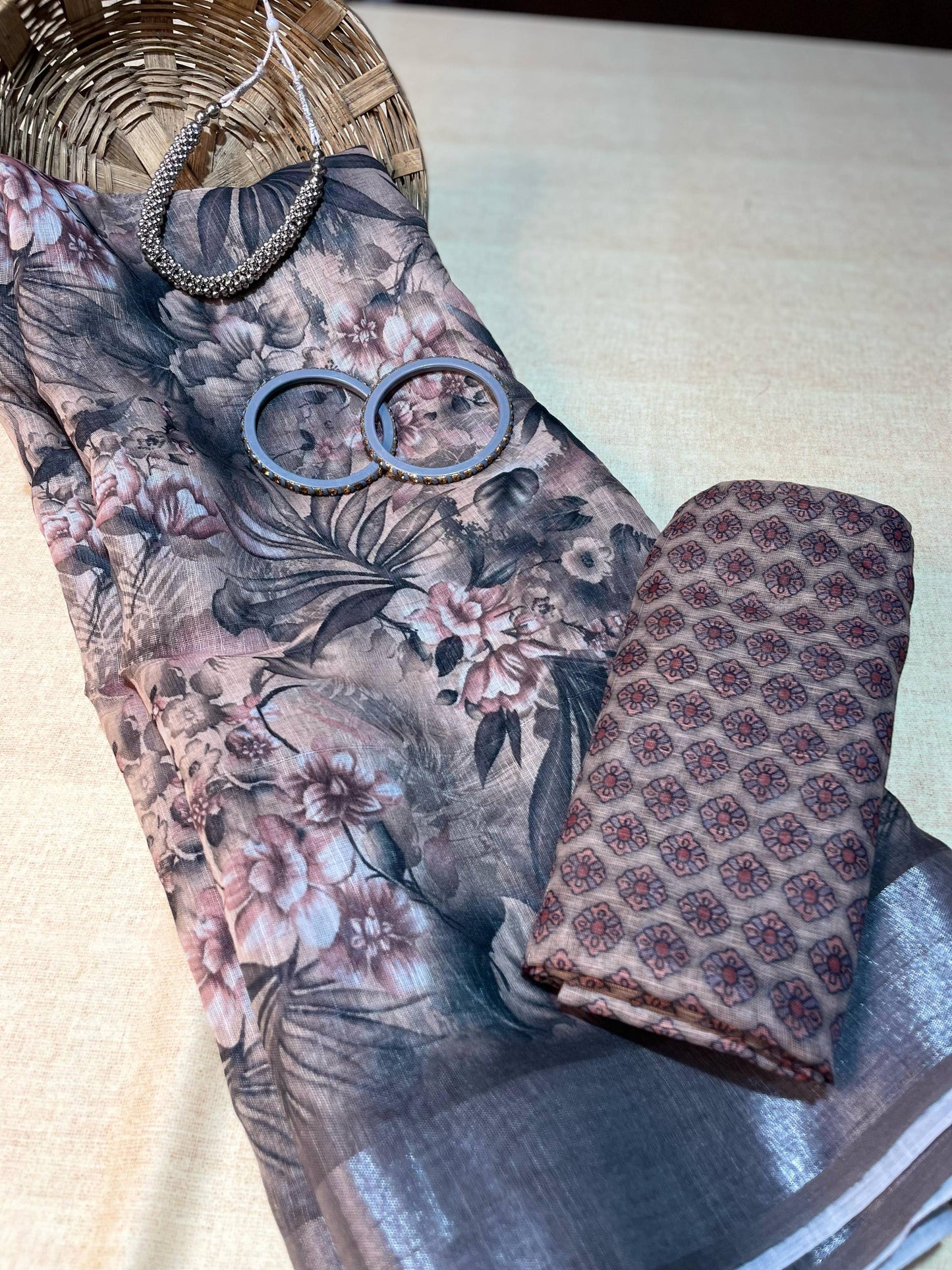 Arunari Cotton Linen Saree -- santas gray & pink flare