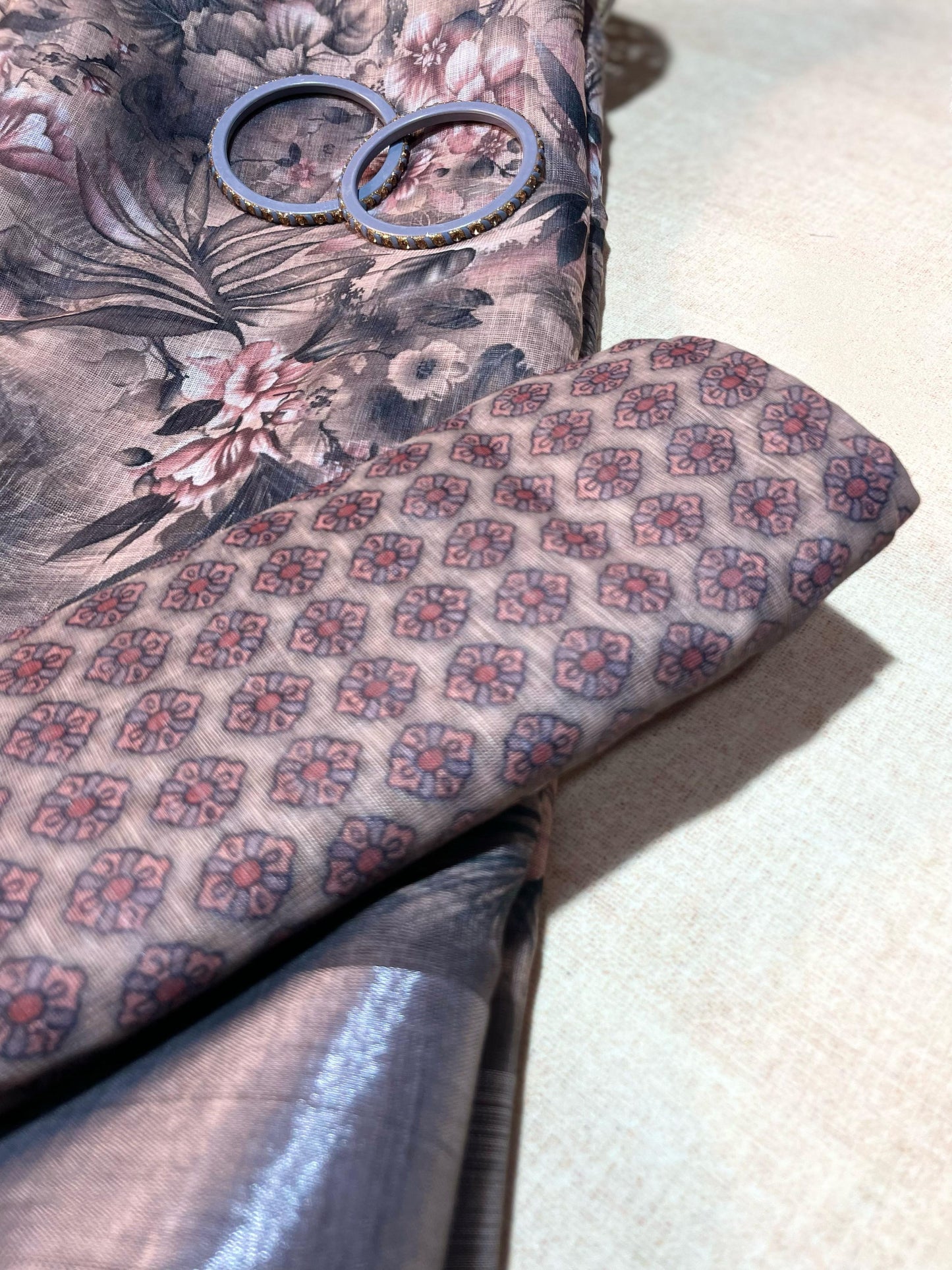 Arunari Cotton Linen Saree -- santas gray & pink flare