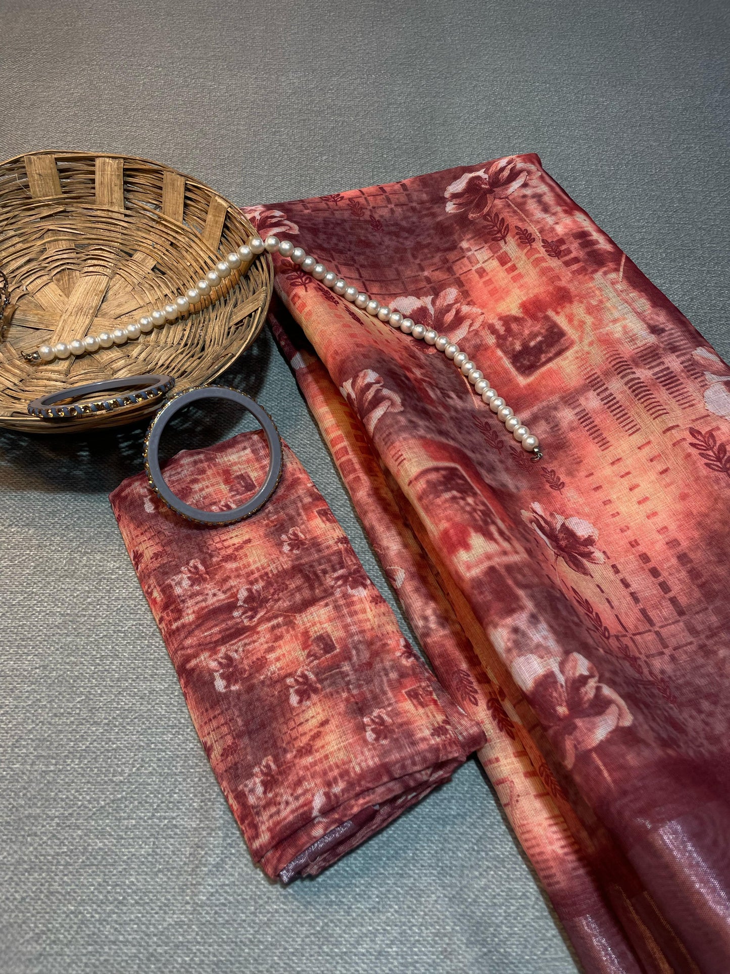 Arunari Cotton Linen Saree - wine & Rose Vale