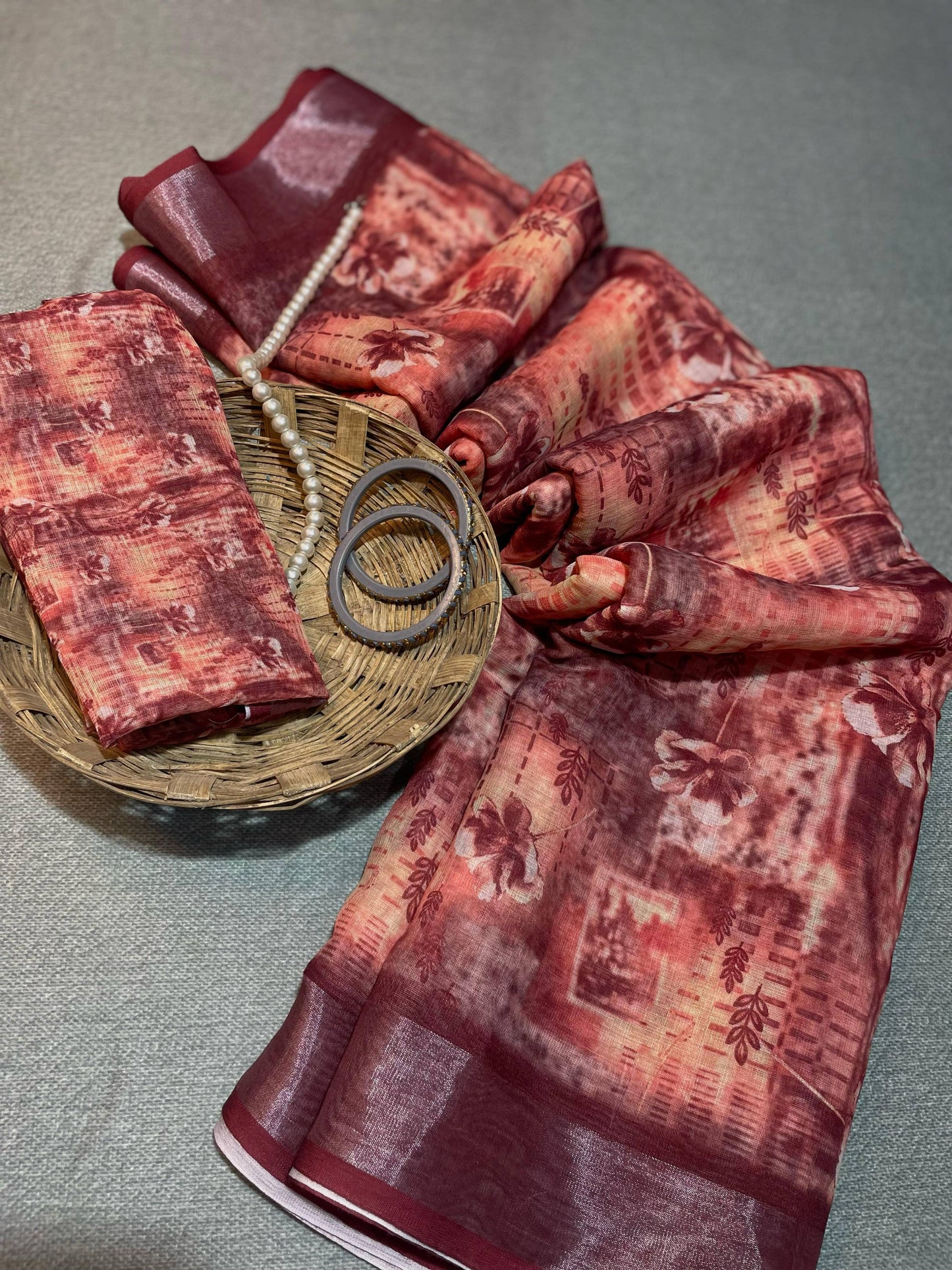 Arunari Cotton Linen Saree - wine & Rose Vale