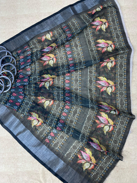 Arunari Cotton Linen Saree in bright gray & athens gray jari line border popstar design pattern